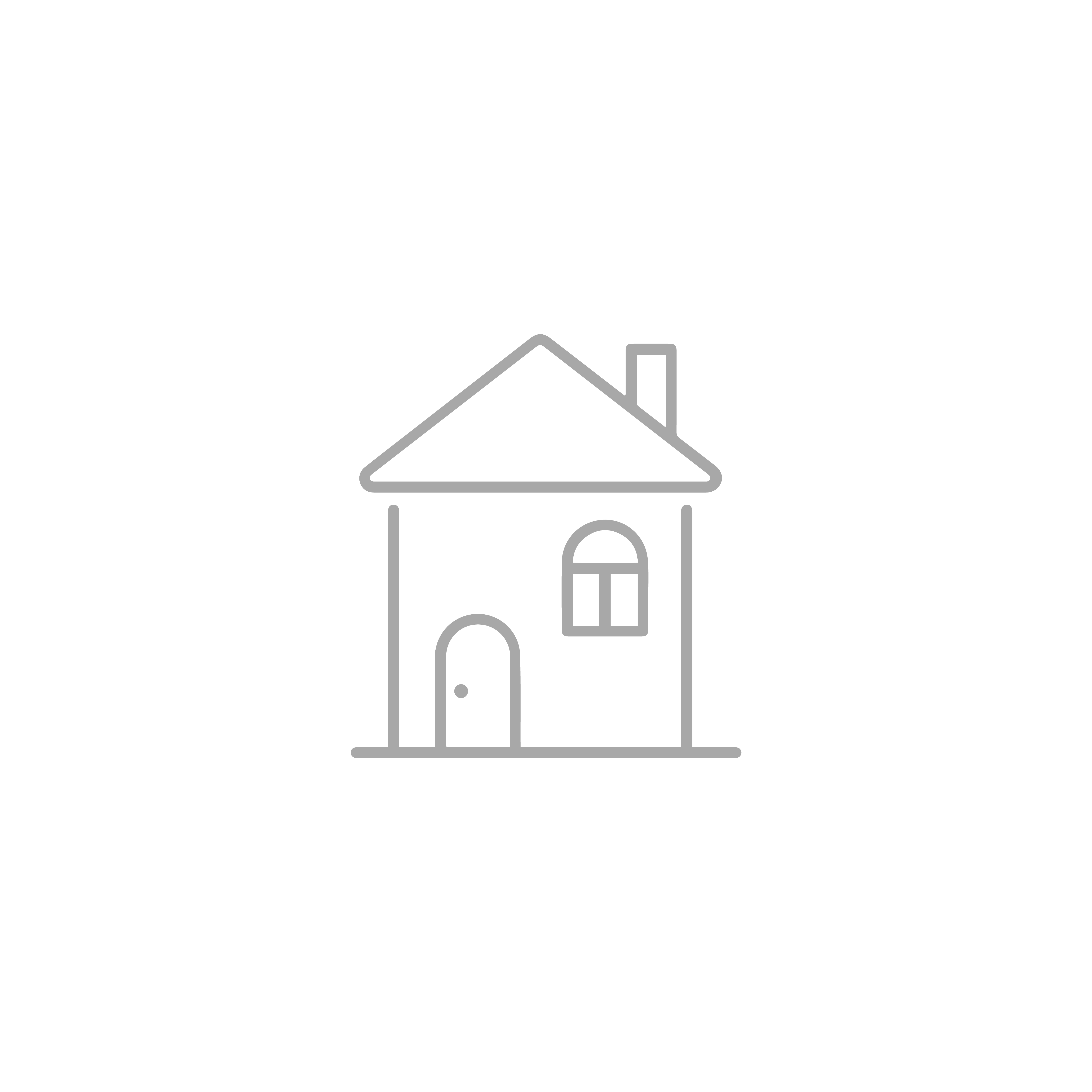 Line drawing of a two-story house with a pitched roof, a front door, an arched window on the second 