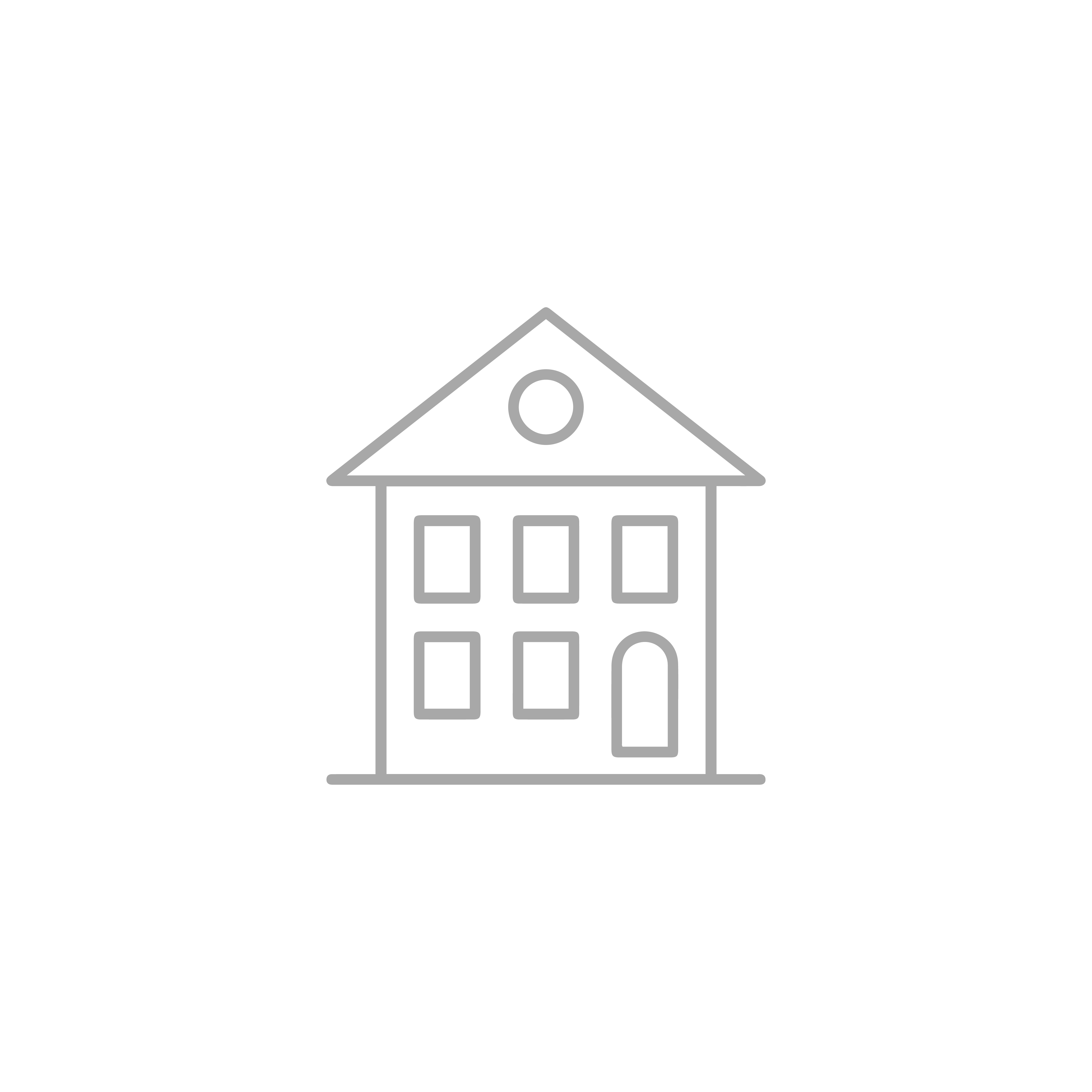 Outline drawing of a three-story school building with a triangular roof, circular window at the top,