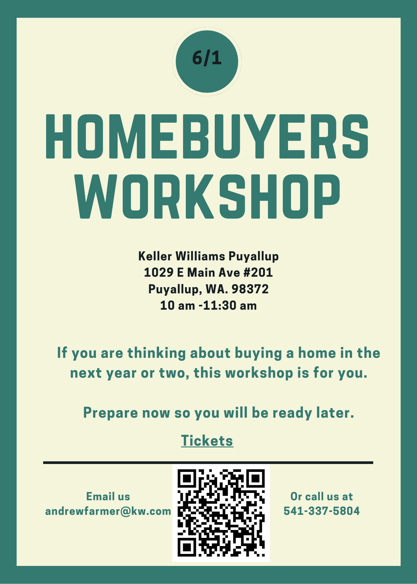Flyer for Homebuyers Workshop in Puyallup, Washington, featuring event date, location, time, and contact information.