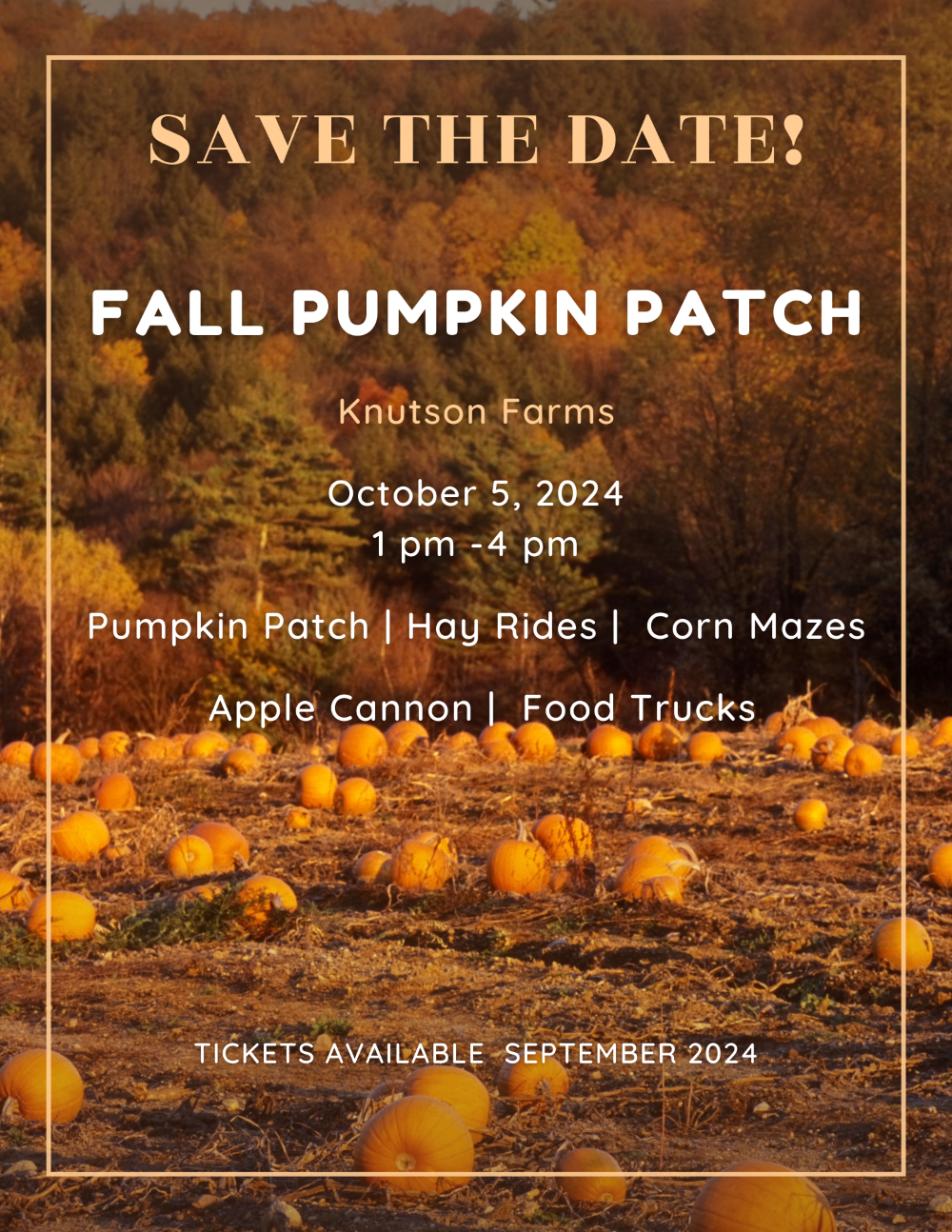 Fall pumpkin patch event at Knutson Farms with hay rides, corn mazes, apple cannon, and food trucks on October 5, 2024, from 1 pm to 4 pm