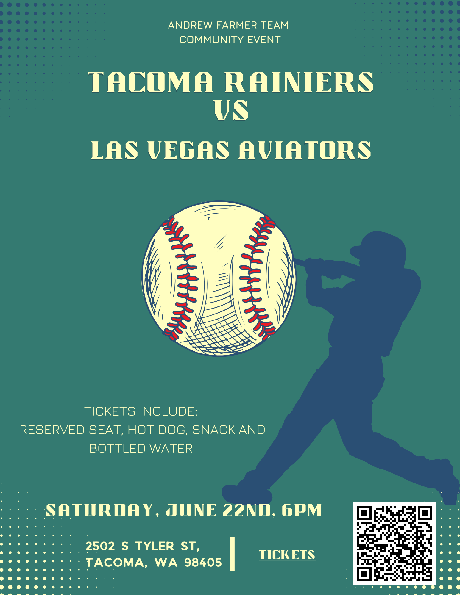 Community sports event poster for Tacoma Rainiers vs Las Vegas Aviators baseball game, featuring a silhouette of a baseball player with a large baseball and event details including date, time, location, and tickets.