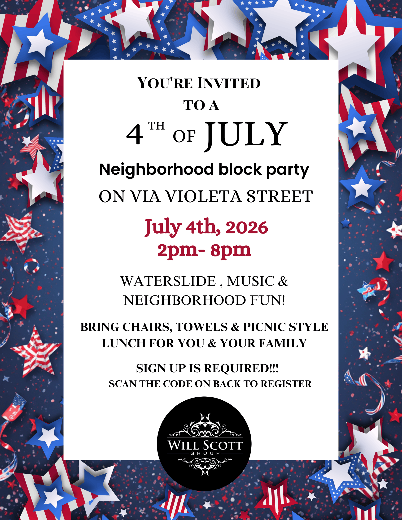 Invitation to a 4th of July neighborhood block party on Violeta Street with water slide, music, and fun activities, scheduled for July 4th, 2024, from 2 pm to 8 pm, including details on bringing chairs, towels, picnic lunches, and a sign-up requirement with a QR code.