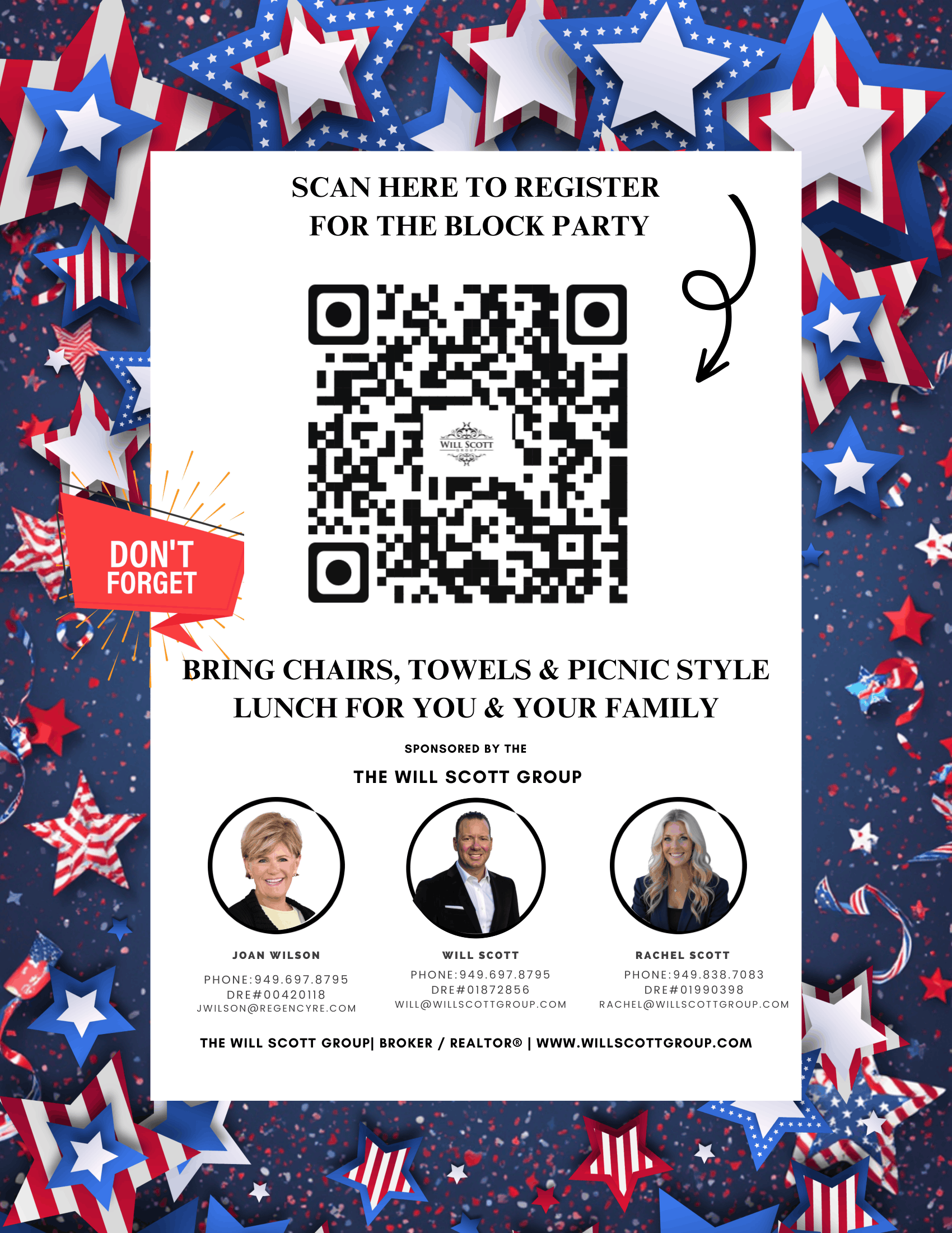 Register here for the block party via QR code, including details about bringing chairs, towels, and picnic-style lunch for family, hosted by the Will Scott Group with photos and contact information for Joan Wilson, Will Scott, and Rachel Scott.