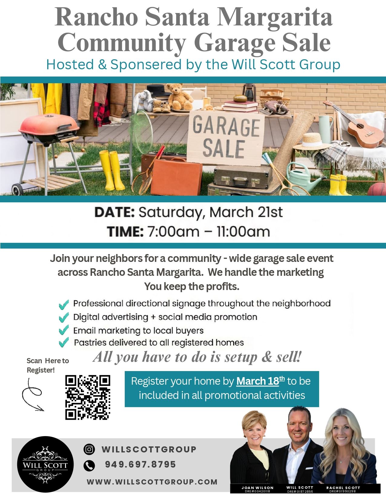 Invitation to a 4th of July neighborhood block party on Violeta Street with water slide, music, and fun activities, scheduled for July 4th, 2024, from 2 pm to 8 pm, including details on bringing chairs, towels, picnic lunches, and a sign-up requirement with a QR code.