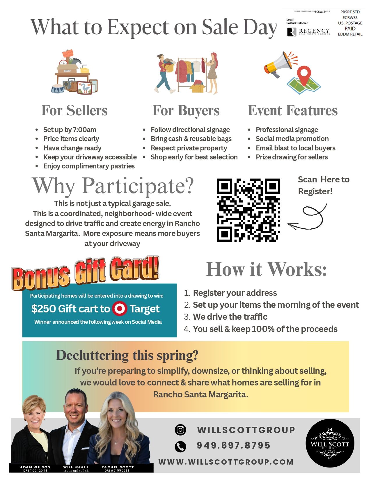 Register here for the block party via QR code, including details about bringing chairs, towels, and picnic-style lunch for family, hosted by the Will Scott Group with photos and contact information for Joan Wilson, Will Scott, and Rachel Scott.