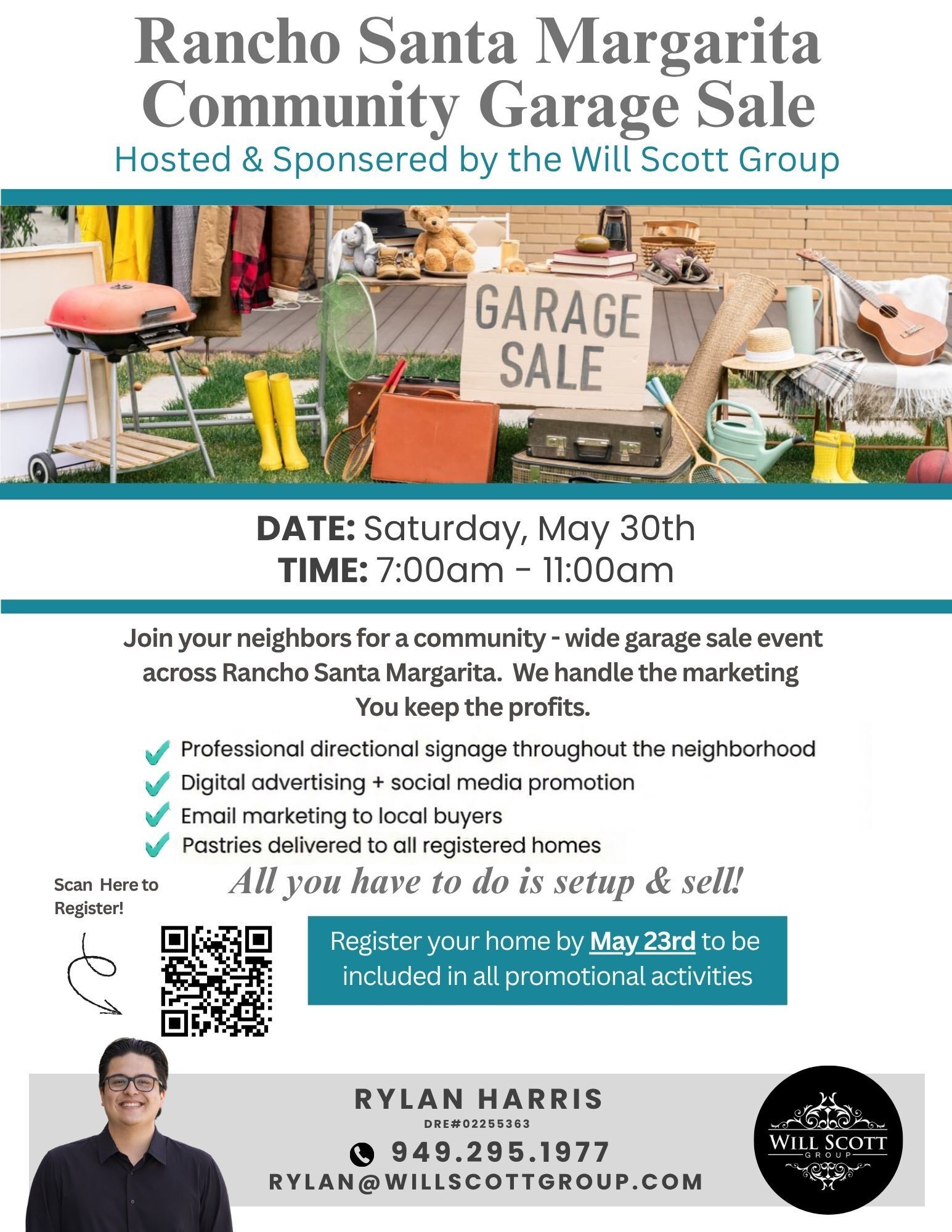 Invitation to a 4th of July neighborhood block party on Violeta Street with water slide, music, and fun activities, scheduled for July 4th, 2024, from 2 pm to 8 pm, including details on bringing chairs, towels, picnic lunches, and a sign-up requirement with a QR code.