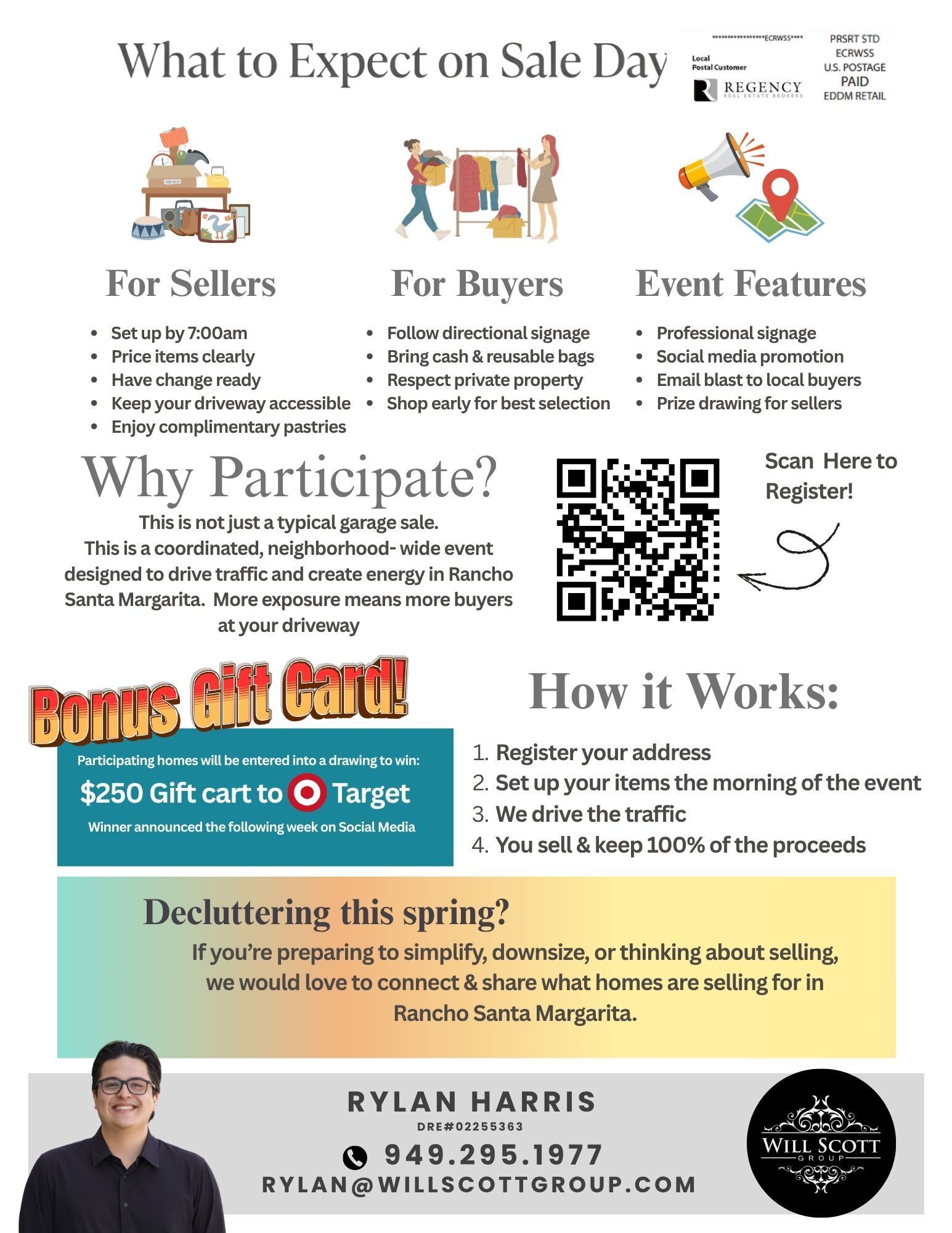 Register here for the block party via QR code, including details about bringing chairs, towels, and picnic-style lunch for family, hosted by the Will Scott Group with photos and contact information for Joan Wilson, Will Scott, and Rachel Scott.