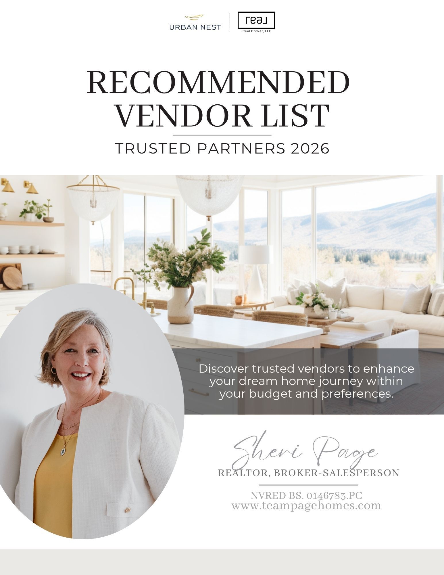 Recommended vendor list cover page featuring Sherri Page, a realtor and broker-salesperson, with a modern home interior background and her professional portrait.