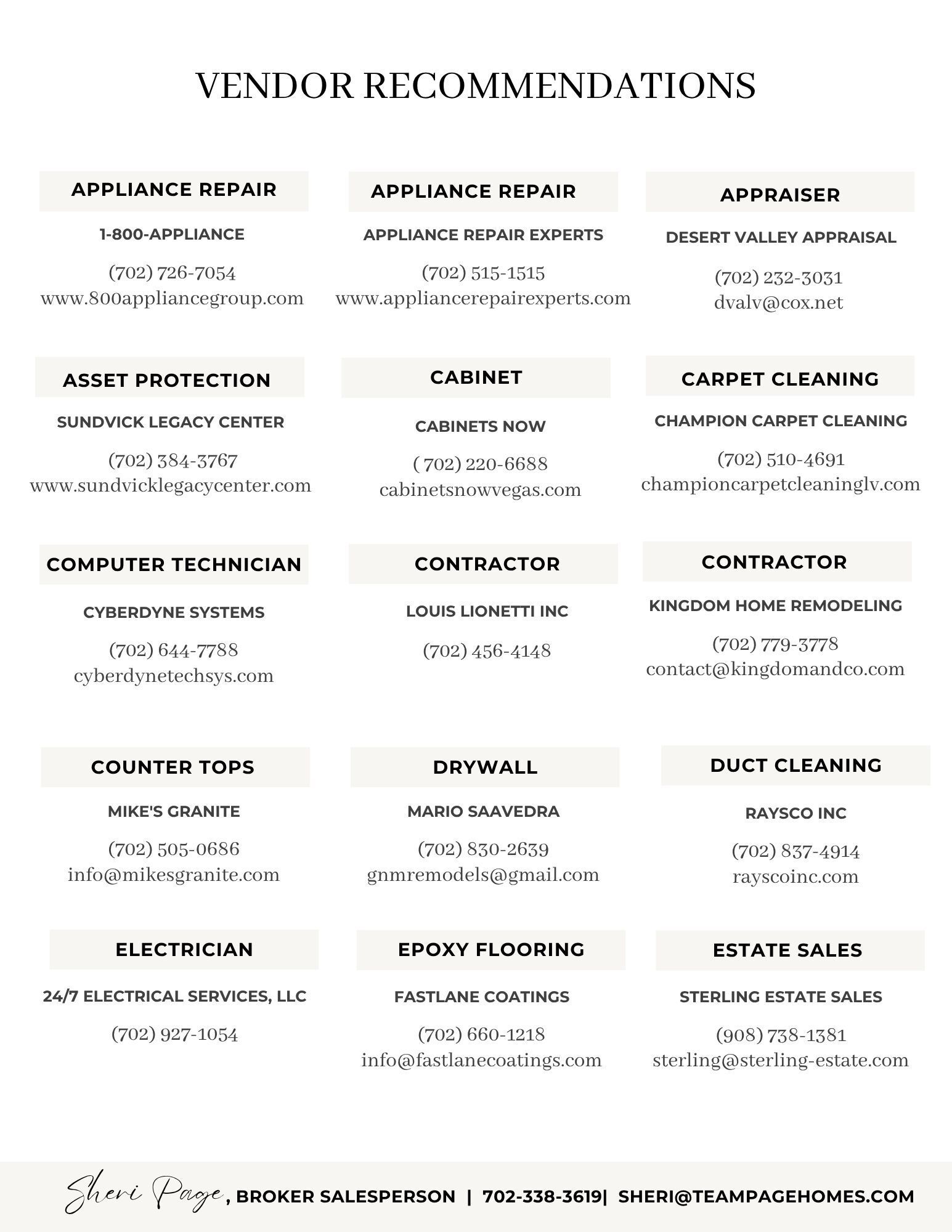 Vendor recommendations for appliance repair, appraiser, asset protection, carpet cleaning, computer technician, concrete, contractor, counter tops, drywall, electrician, epoxy flooring, estate sales, along with contact details and service providers.