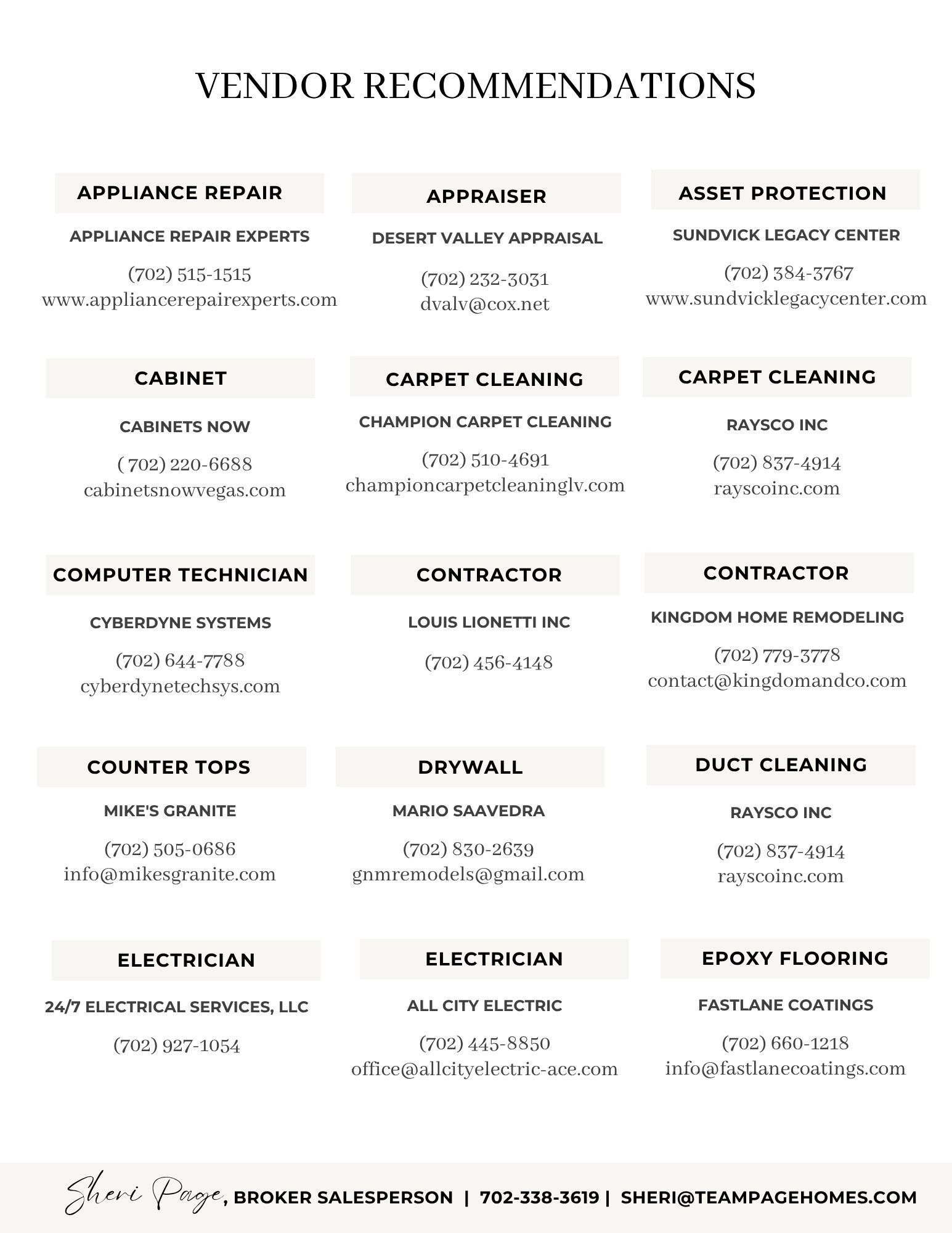 Vendor recommendations for appliance repair, appraiser, asset protection, carpet cleaning, computer technician, concrete, contractor, counter tops, drywall, electrician, epoxy flooring, estate sales, along with contact details and service providers.