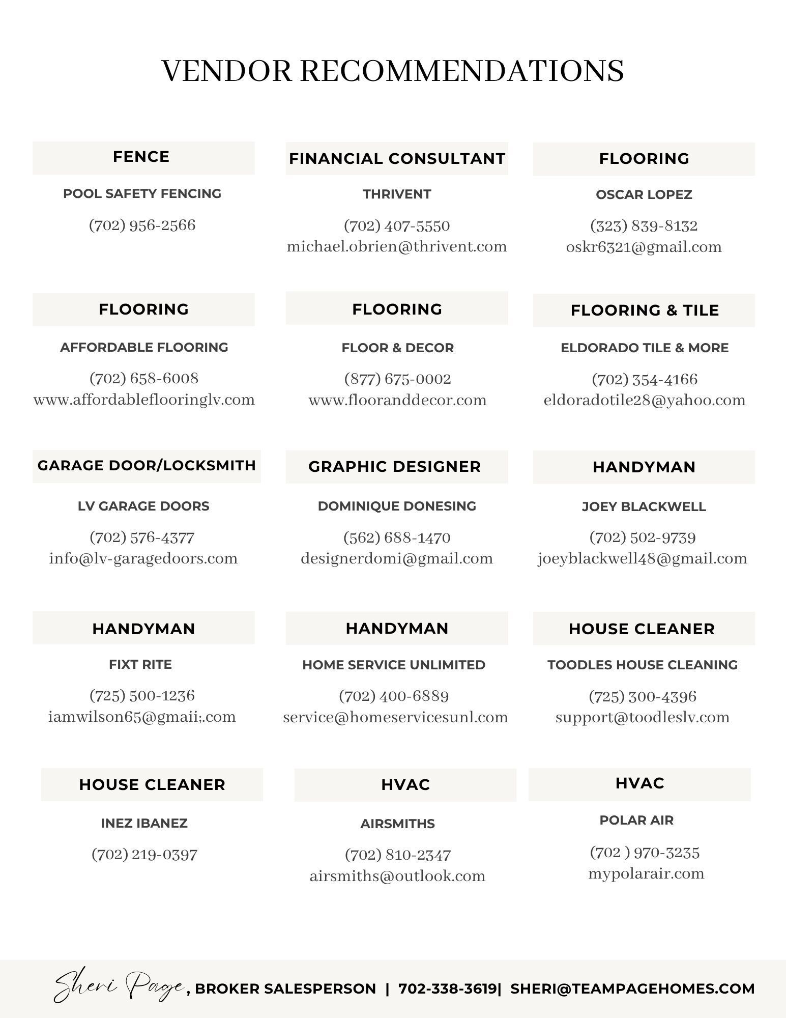 Vendor recommendations for various services including fencing, flooring, garage door/locksmith, graphic design, handyman, house cleaning, and HVAC, with contact information and email addresses.