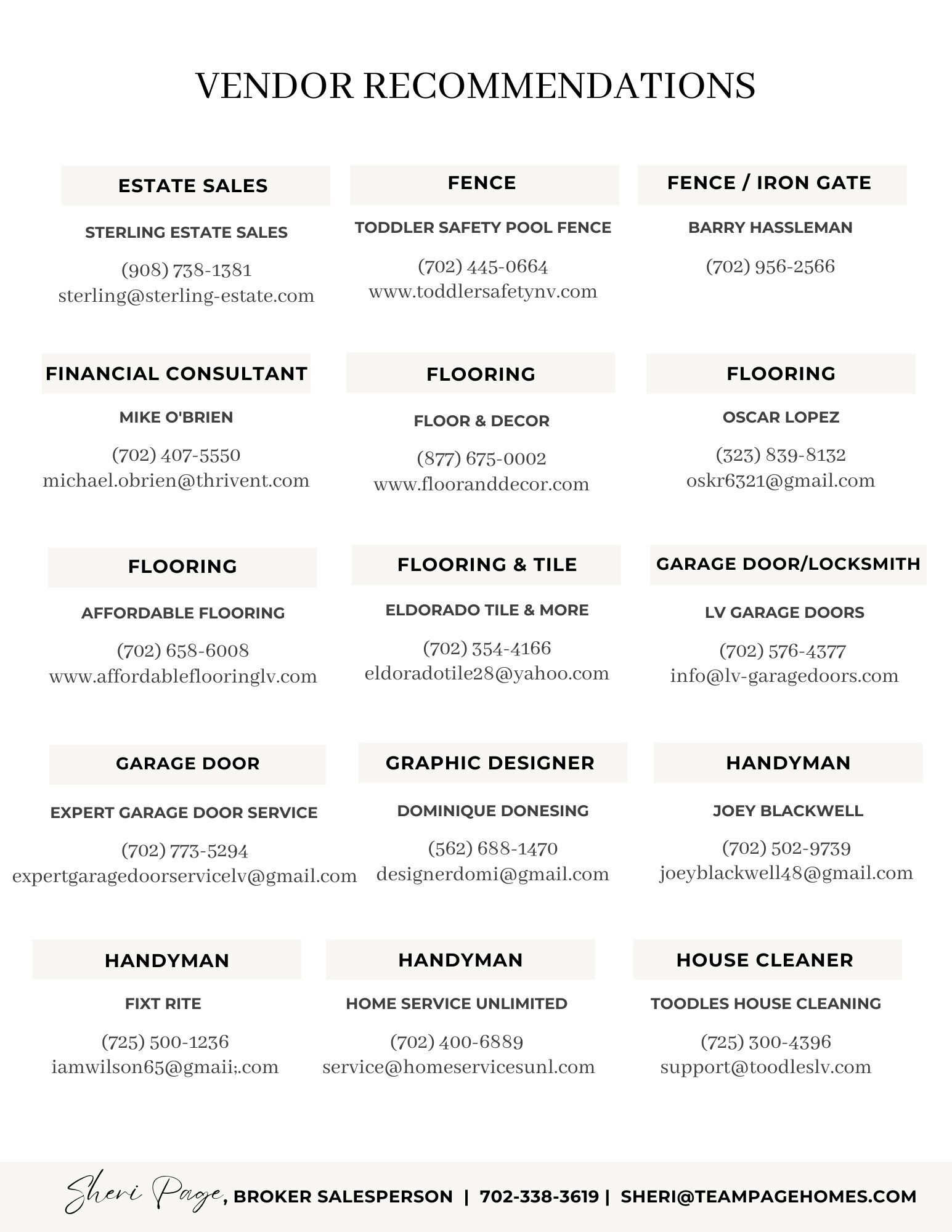 Vendor recommendations for various services including fencing, flooring, garage door/locksmith, graphic design, handyman, house cleaning, and HVAC, with contact information and email addresses.