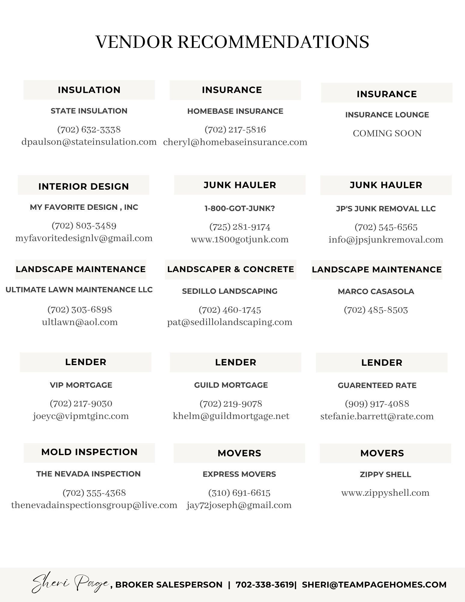 Vendor recommendation list for HVAC, insulation, insurance, interior design, junk hauler, landscape maintenance, landscaper & concrete, lender with contact details.