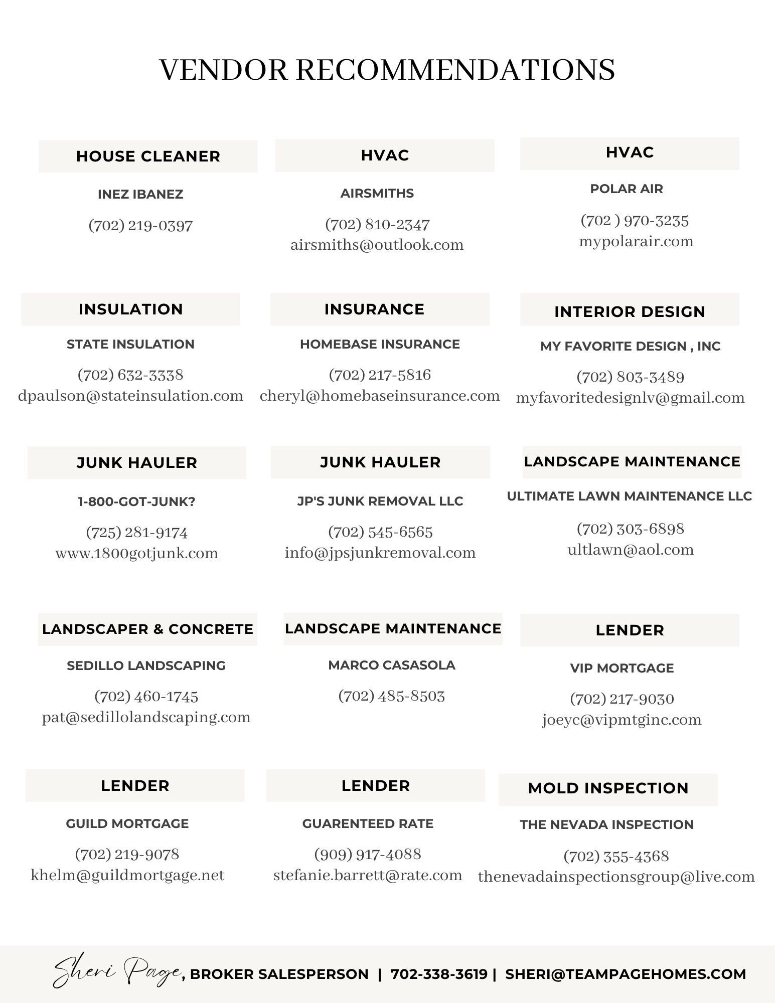 Vendor recommendation list for HVAC, insulation, insurance, interior design, junk hauler, landscape maintenance, landscaper & concrete, lender with contact details.