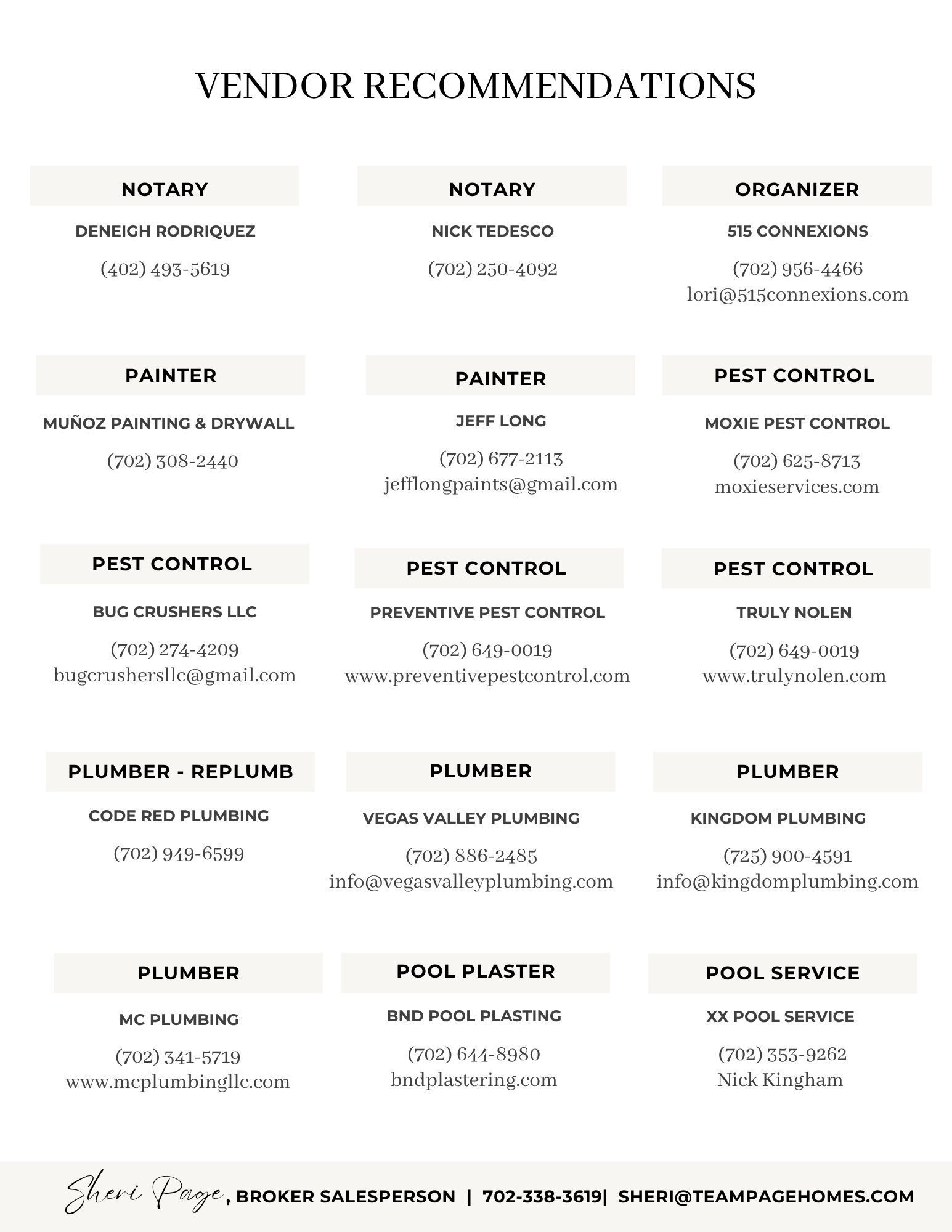 Vendor recommendations including mold inspection, movers, notary, organizer, painter, pest control, plumber services listed with contact details.