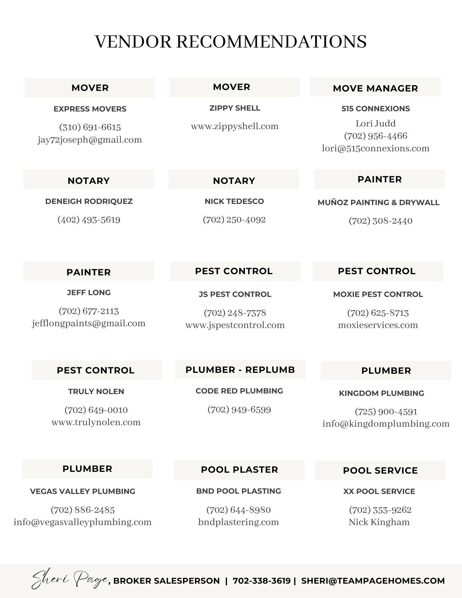 Vendor recommendations including mold inspection, movers, notary, organizer, painter, pest control, plumber services listed with contact details.