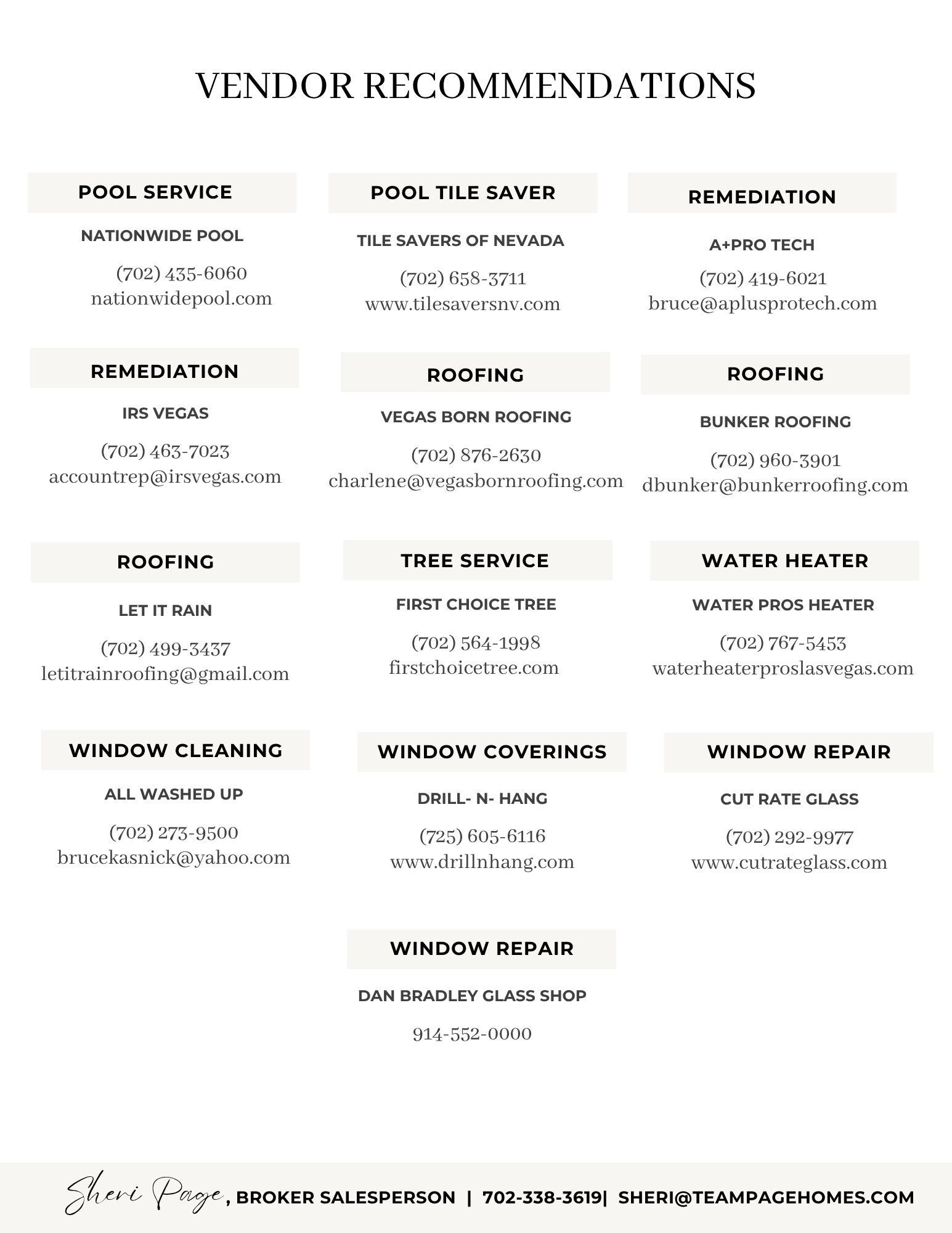 Vendor recommendations for pool plastering, pool service, roof repair, tile service, tree service, water heater, window cleaning, and window repair with contact information and websites.