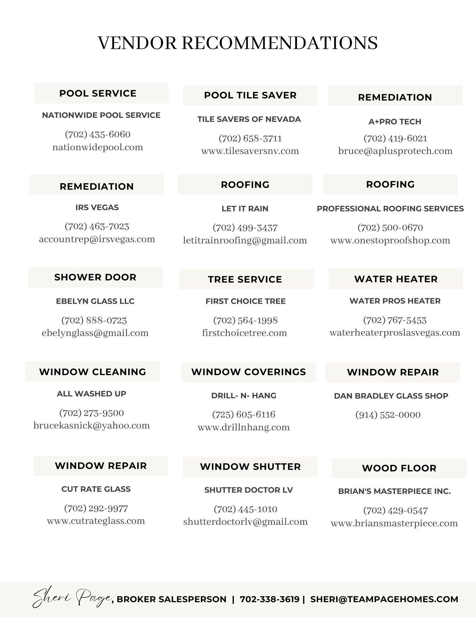 Vendor recommendations for pool plastering, pool service, roof repair, tile service, tree service, water heater, window cleaning, and window repair with contact information and websites.