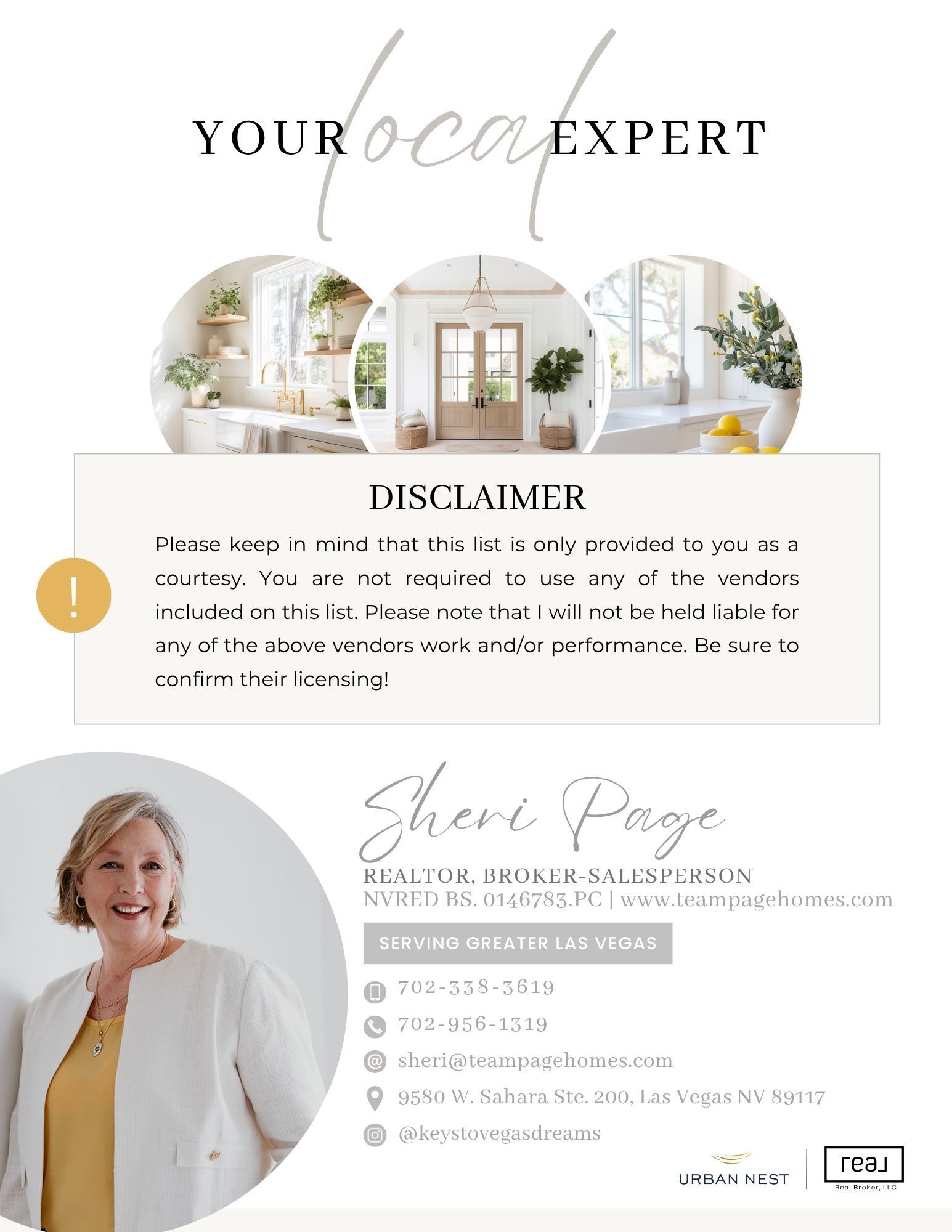 Business card for Sheri Page, a realtor and broker-salesperson serving greater Las Vegas, with contact information and branding.