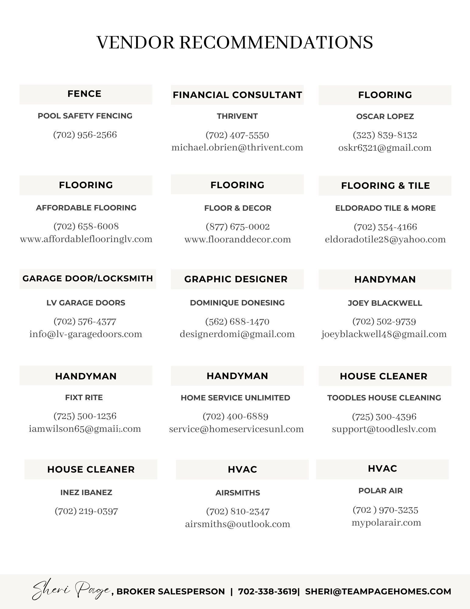Vendor recommendations for various services including fencing, flooring, garage door/locksmith, graphic design, handyman, house cleaning, and HVAC, with contact information and email addresses.