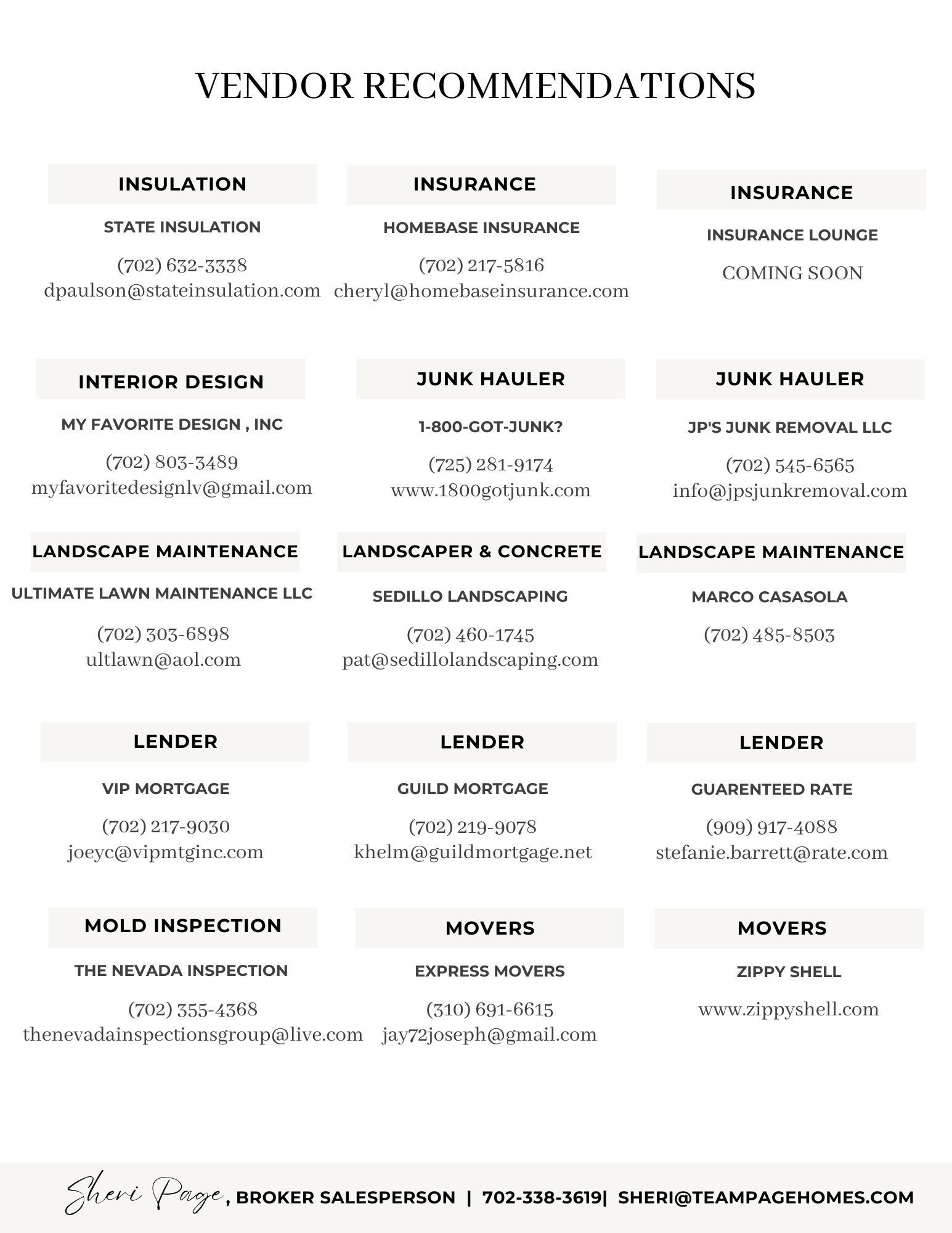 Vendor recommendation list for HVAC, insulation, insurance, interior design, junk hauler, landscape maintenance, landscaper & concrete, lender with contact details.