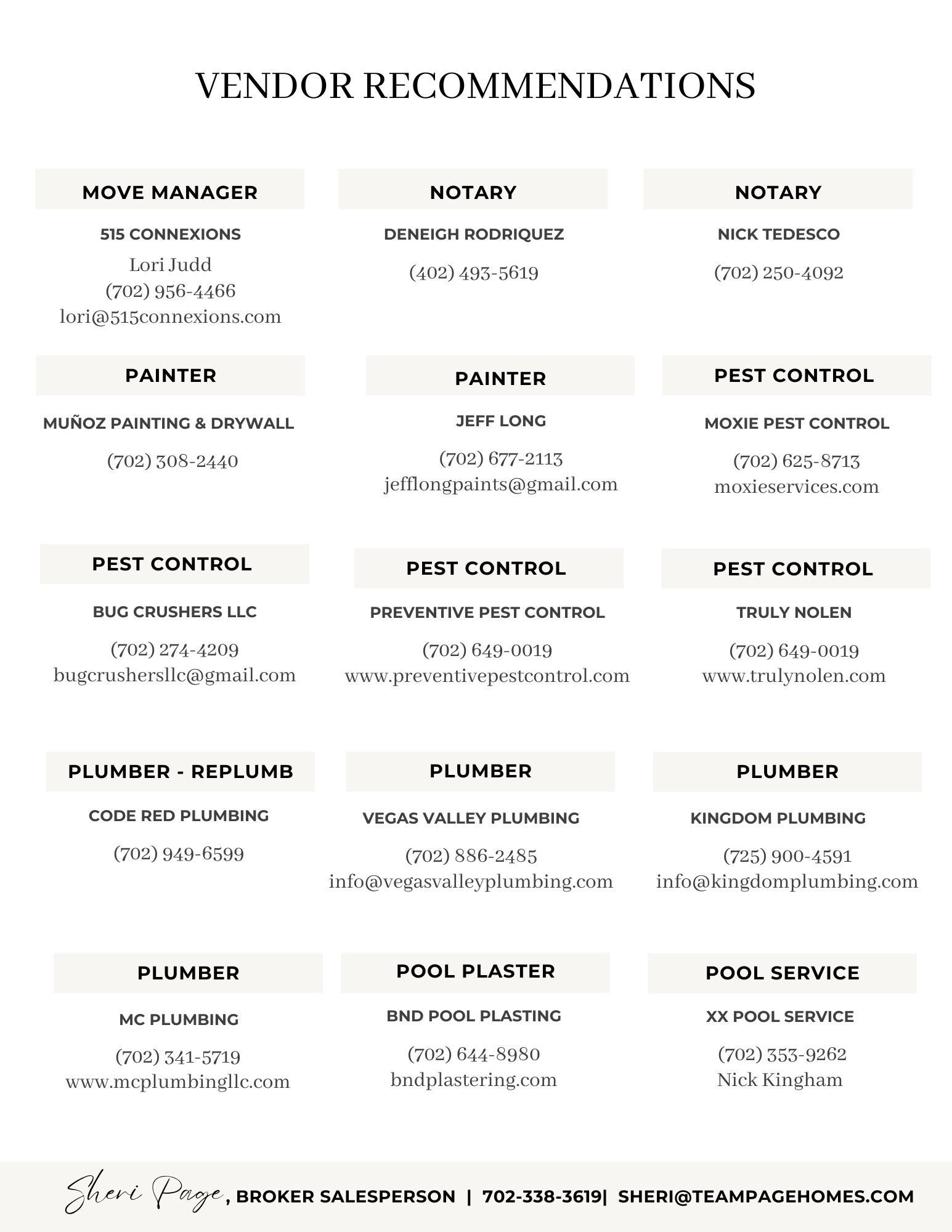 Vendor recommendations including mold inspection, movers, notary, organizer, painter, pest control, plumber services listed with contact details.