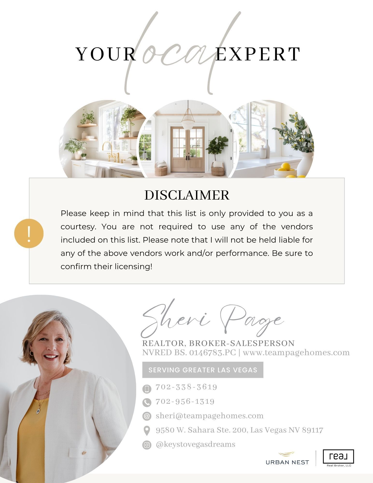 Business card for Sheri Page, a realtor and broker-salesperson serving greater Las Vegas, with contact information and branding.