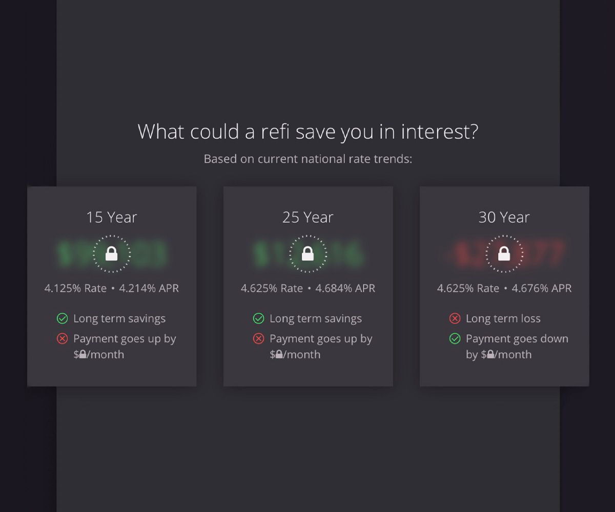 Comparison of refinancing options for 15, 25, and 30-year mortgage rates highlighting long-term savings and potential costs, with lock icons indicating favorable interest rate trends.