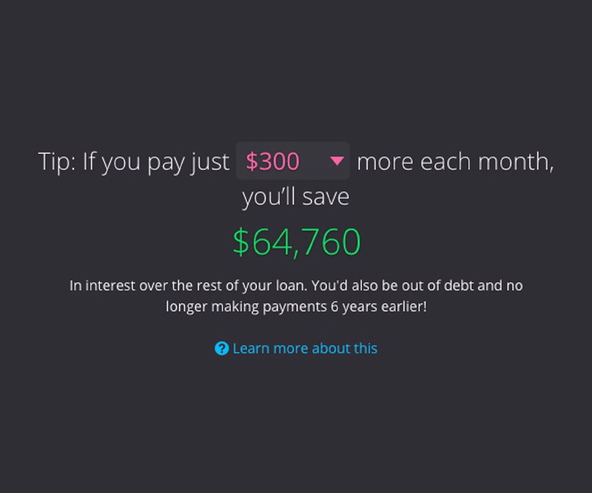 Tip for loan repayment savings chart showing $300 monthly payment, potential savings of $64,760, with information about interest, debt freedom, and learning more options.