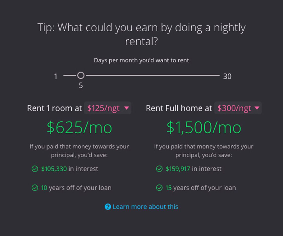 Comparison of potential earnings from renting a room versus an entire home through a nightly rental service, showing monthly income, interest savings, and years off the loan.
