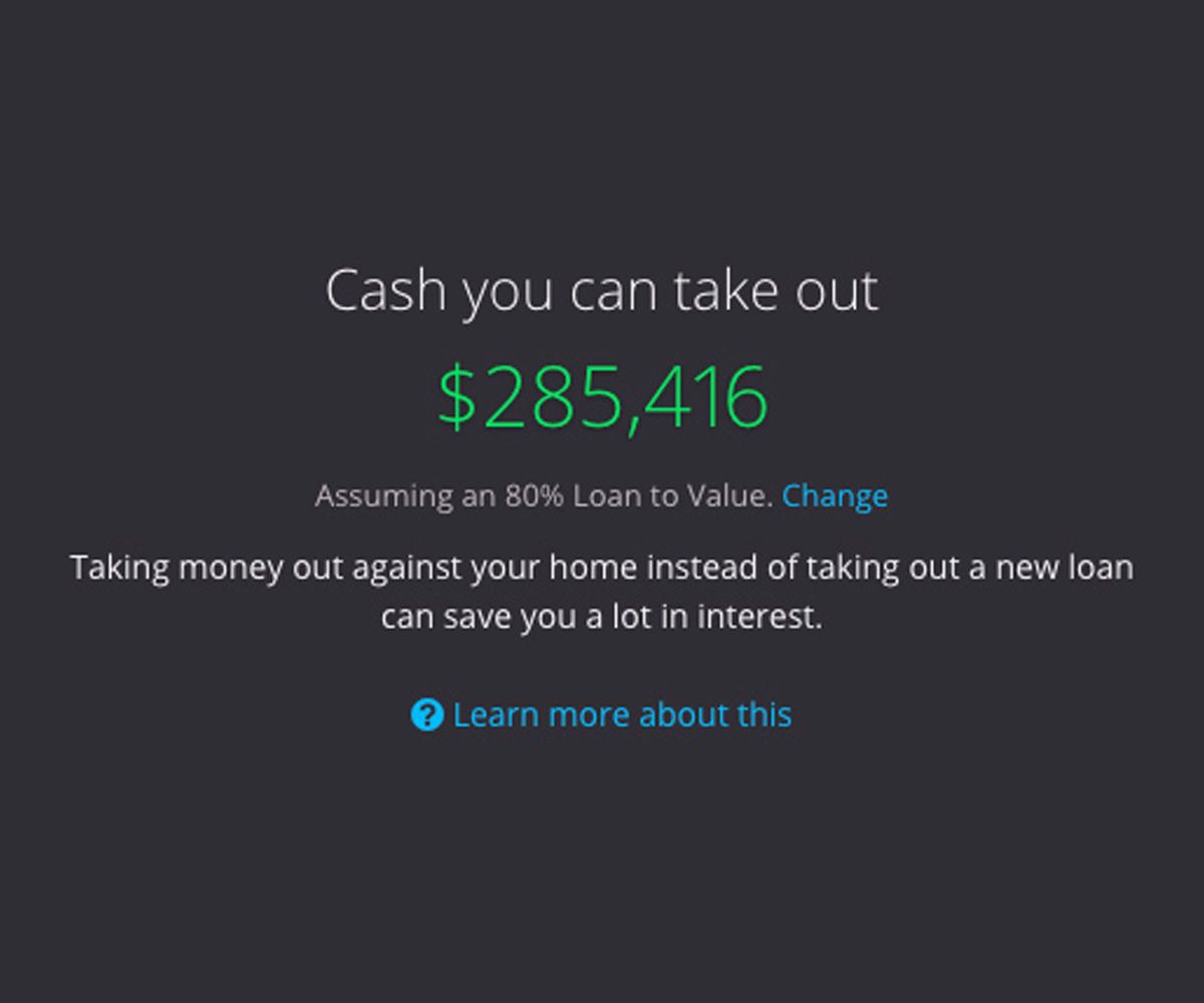 Digital graphic showing Home Equity Loan cash out amount of $285,416 with an 80% loan-to-value ratio, suggesting potential savings on interest when borrowing against home equity.