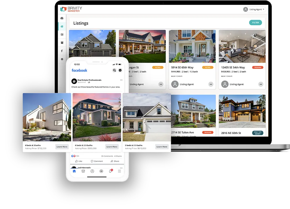 Screenshot of a real estate listing website on a laptop and mobile device, displaying various house listings with images, prices, and details, along with a Facebook advertisement for featured homes and a Facebook post showing different property options.