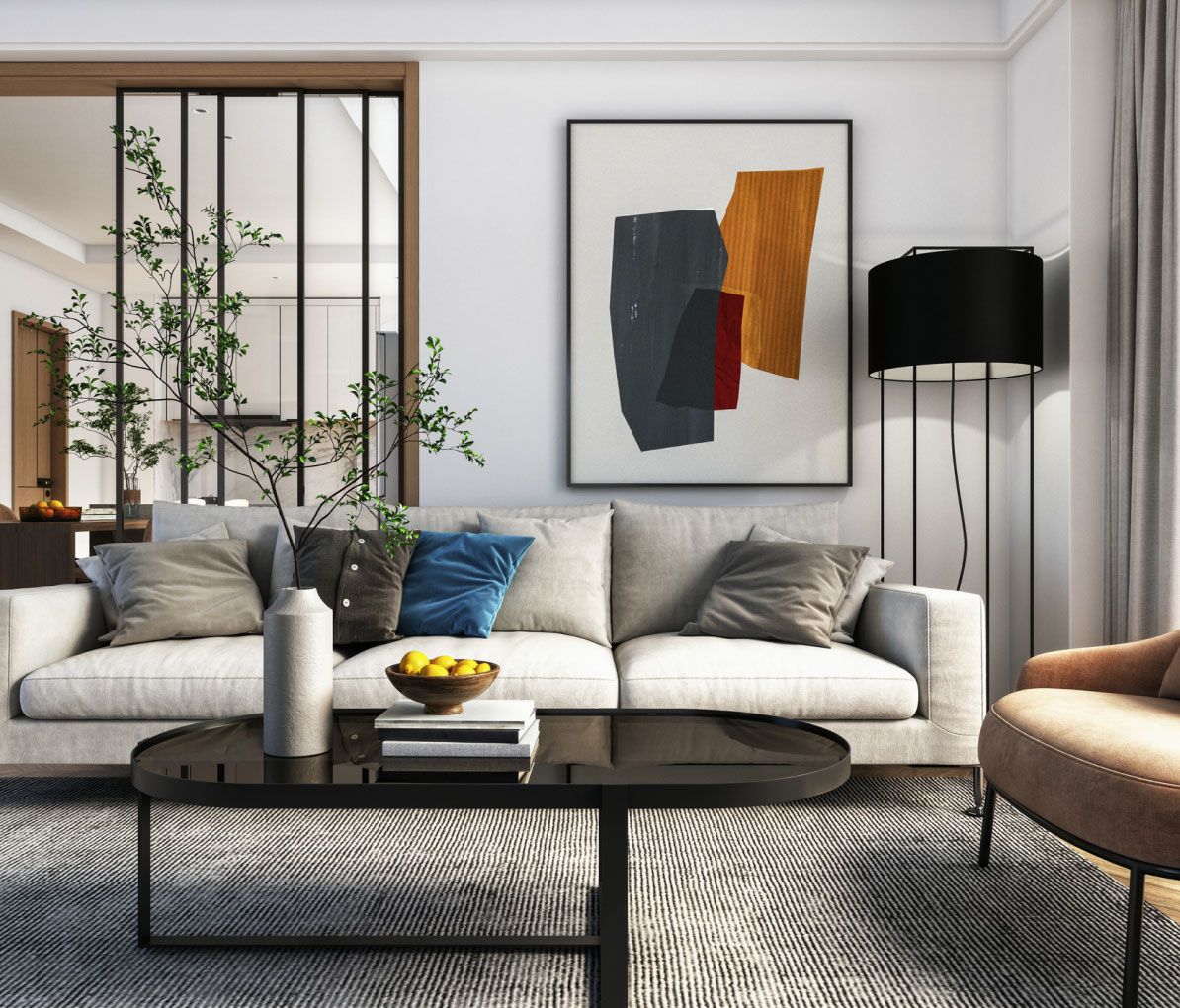 dark lit interior with couch