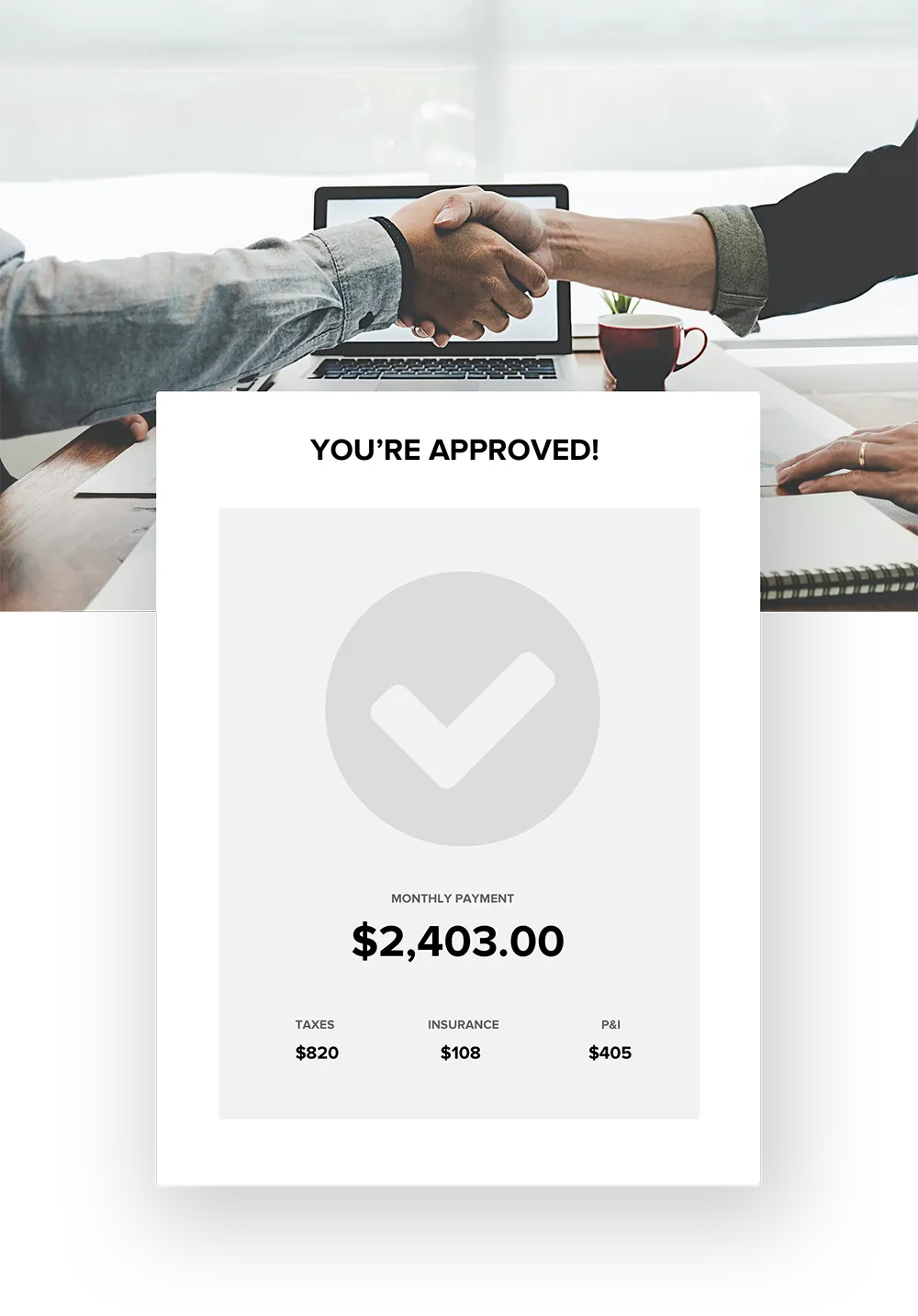 Successful approval notification showing a monthly payment of $2,403.00 with breakdowns for taxes, insurance, and P&I, in a professional office setting.