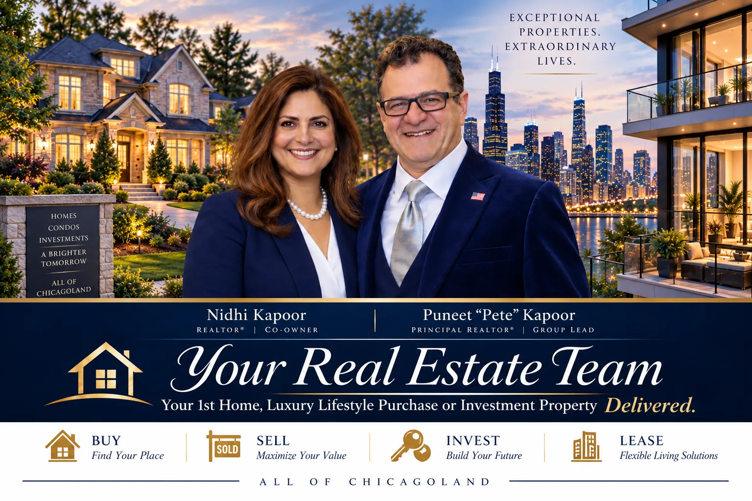 Your real estate team, diverse group of four professionals standing outdoors in front of a luxurious house at dusk, promoting real estate services.