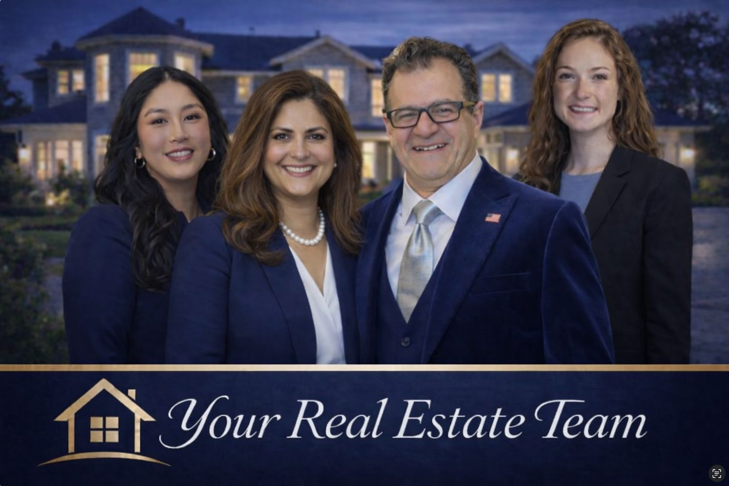 Your real estate team, diverse group of four professionals standing outdoors in front of a luxurious house at dusk, promoting real estate services.