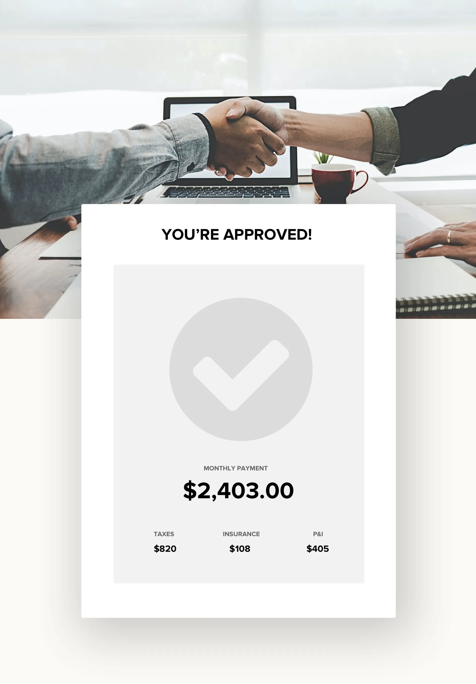 Congratulations on approval for a monthly payment of $2,403.00 with breakdowns for taxes, insurance, and P&I.
