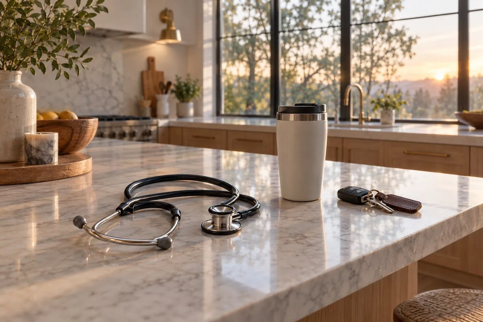Morning kitchen counter with stethoscope, travel mug and keys