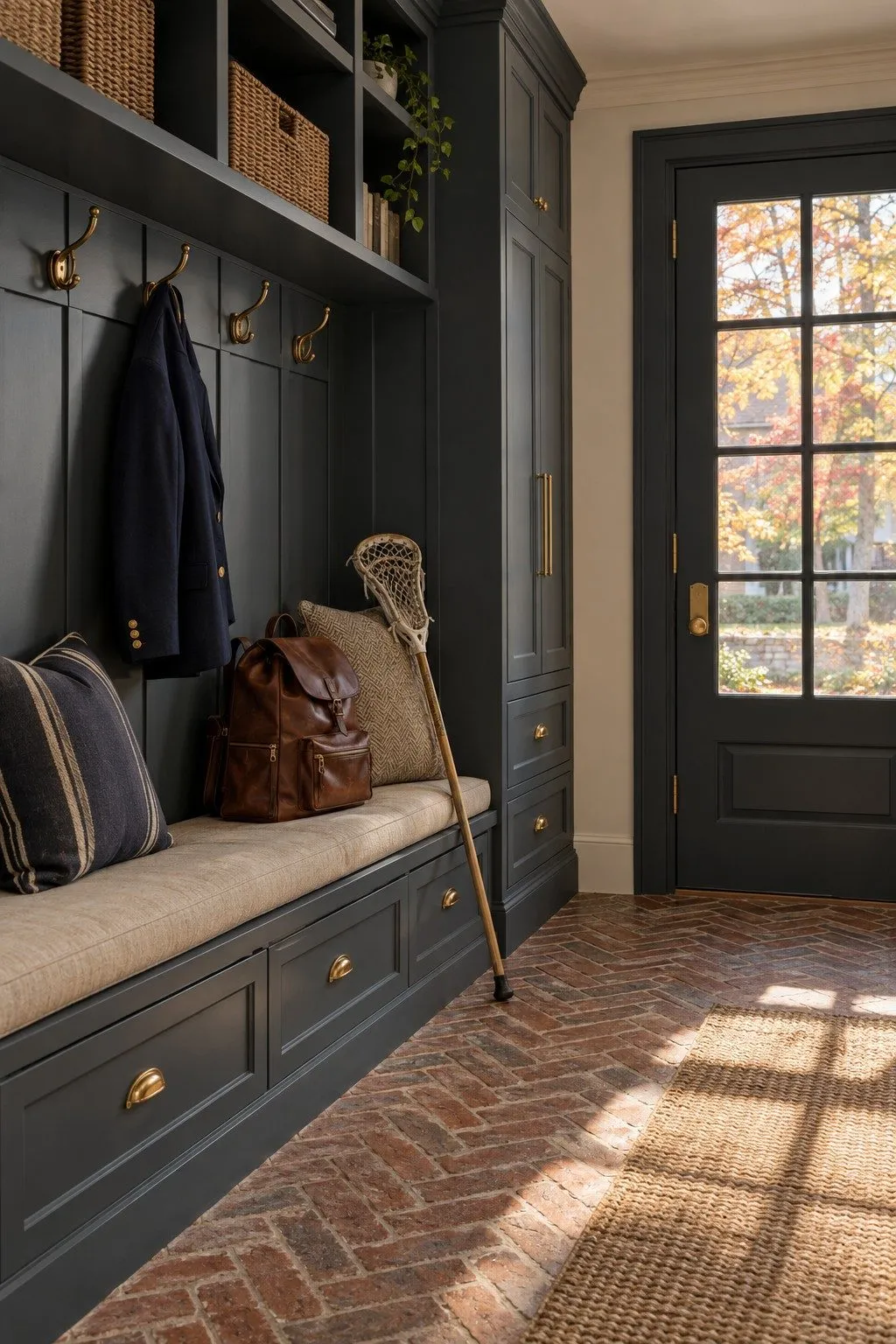Mudroom entry with school blazer and lacrosse stick