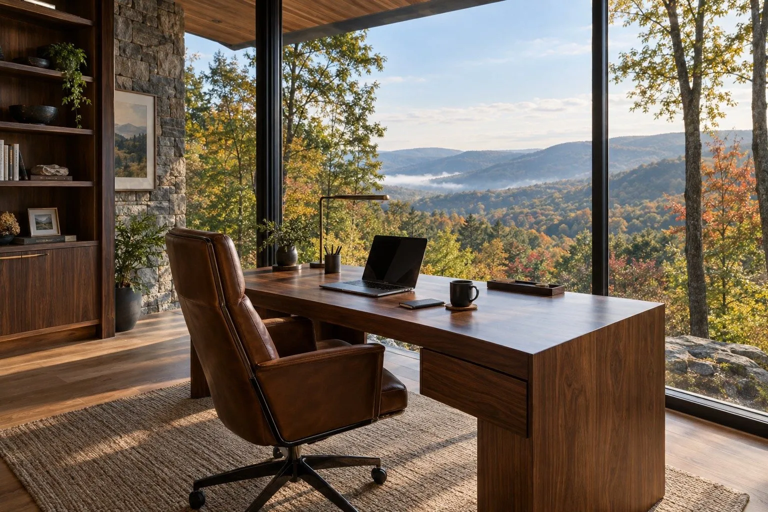 Home office overlooking autumn mountains