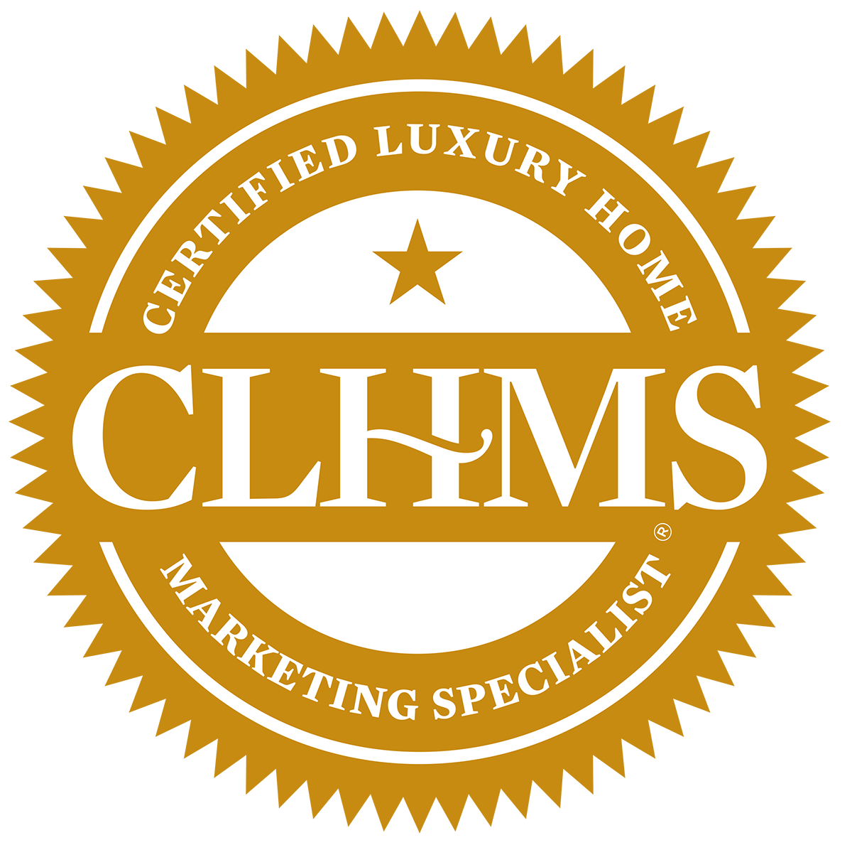 Certified luxury home marketing specialist CLHMS logo badge with gold and white design.