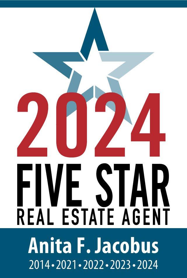 2024 five-star real estate agent badge for Anita F. Jacobus recognizing excellence from 2014 to 2024