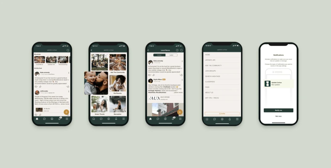 Screenshots of a social media app showing user profiles, community posts, local news feeds, group search options, and notification alerts on mobile devices.