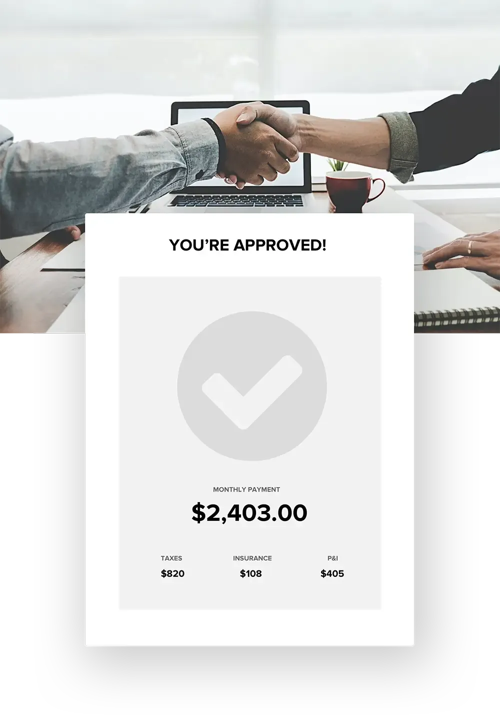 Successful approval notification showing a monthly payment of $2,403.00 with breakdowns for taxes, insurance, and P&I, in a professional office setting.