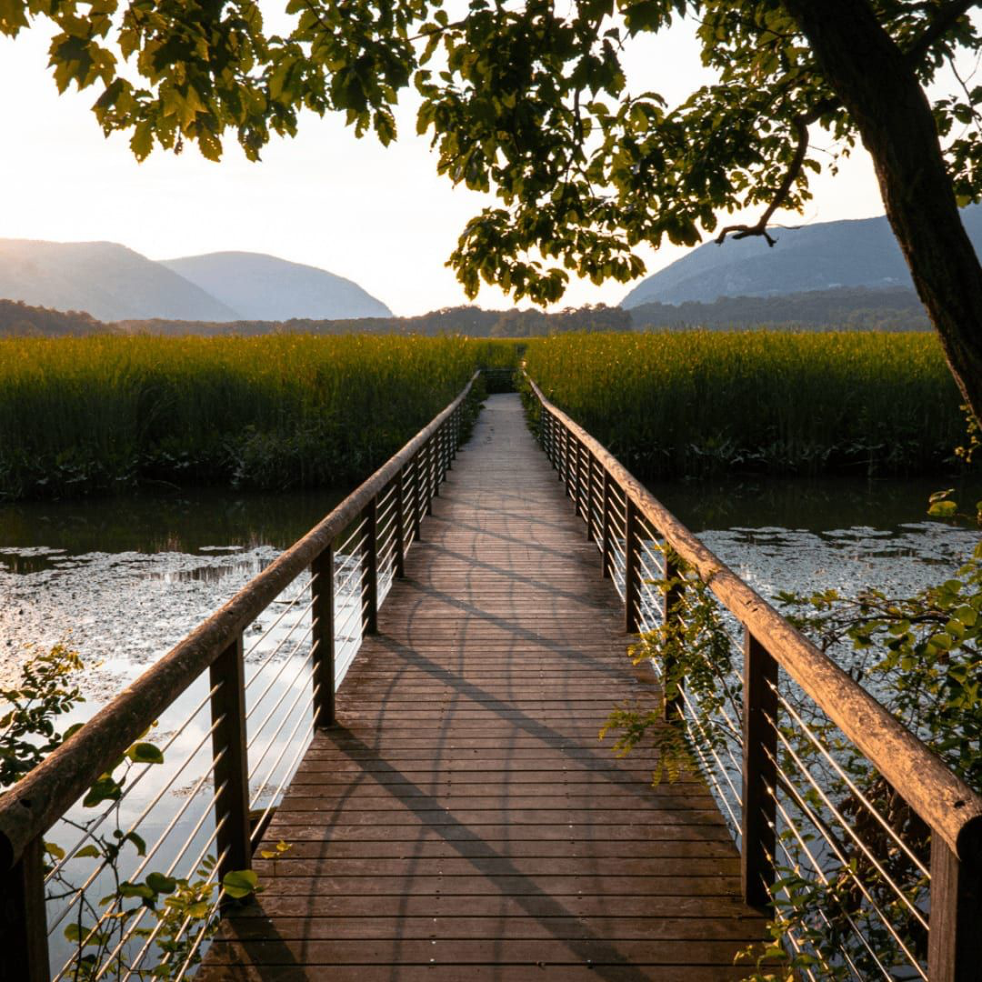 Wooden bridge over a river leading to green fields with mountains in the background during sunset