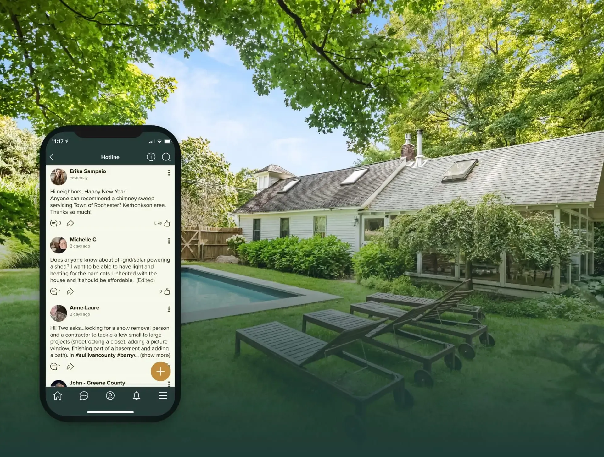 Mobile phone displaying a neighborhood safety hotline chat app overlay with a backyard featuring a pool, lounge chairs, green shrubs, a large tree, and a house with skylights and a dormer window under a sunny sky.