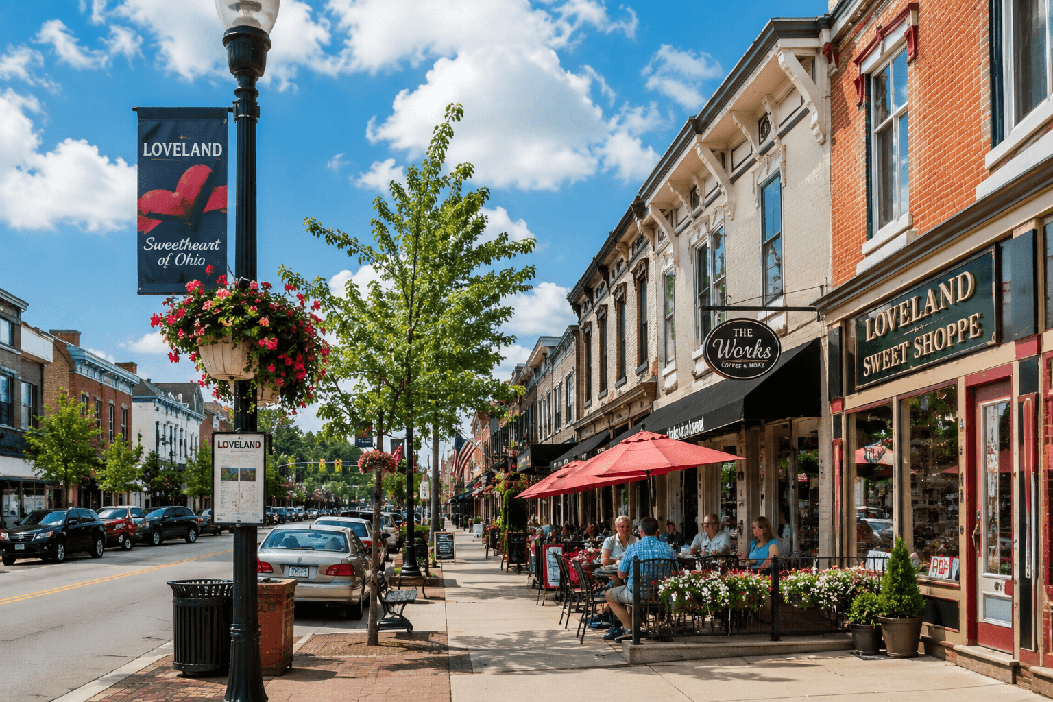 Downtown Loveland's Main Street with shops and outdoor dining