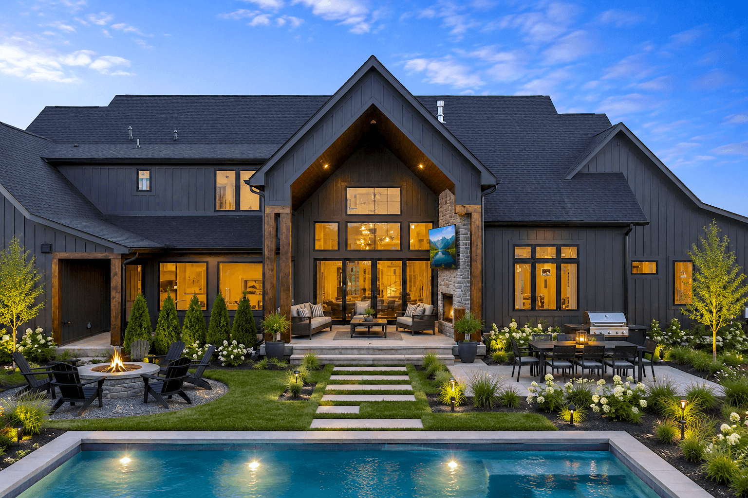 Dusk view of the pool and landscaped backyard