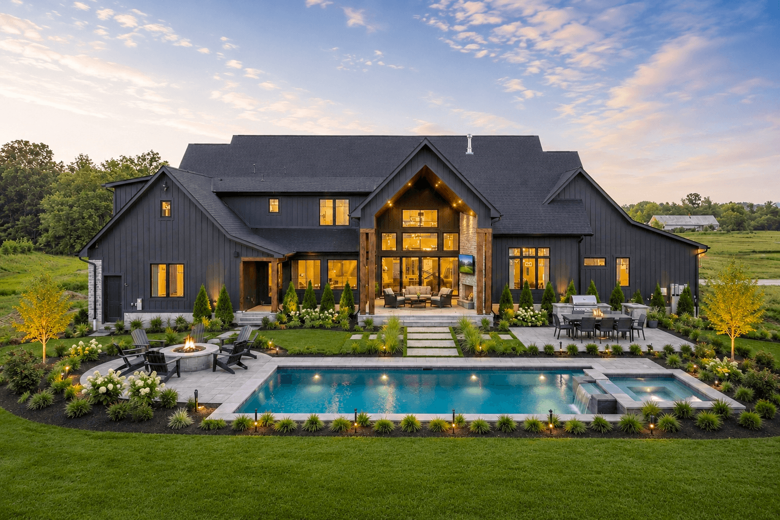 Covered outdoor living with fireplace and pool at twilight