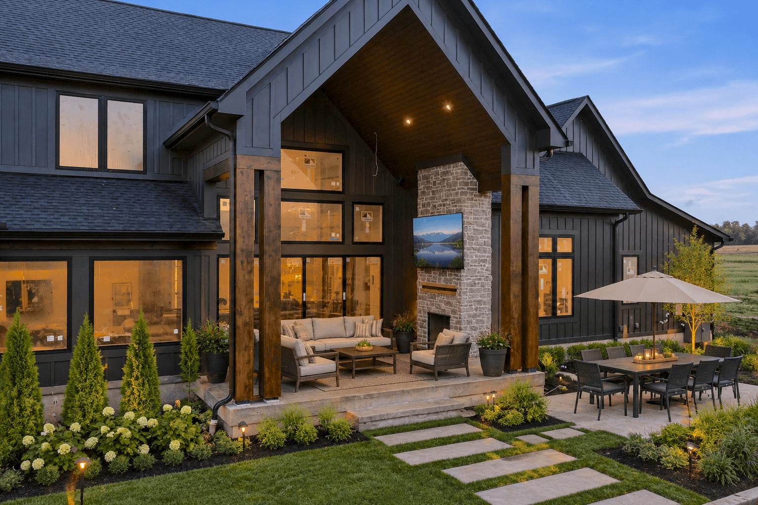 Covered veranda with stone fireplace and seating